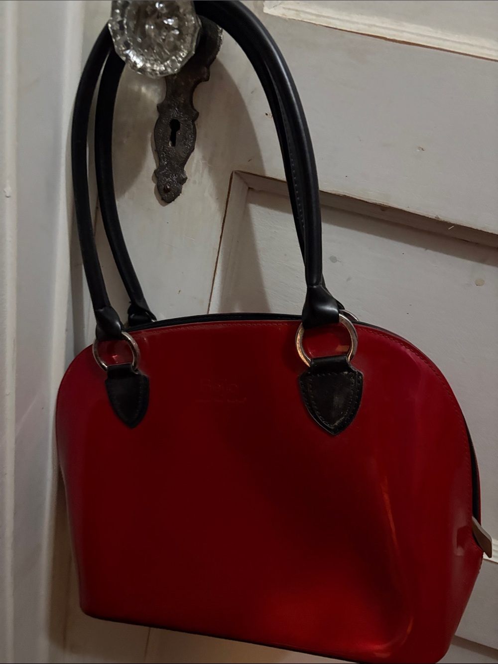 Beijo Red Patent Dome Satchel with Black Handles
